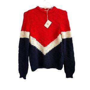 Faherty Apres Ski Intarsia Wool Sweater‎ Women Size XS Colorblock Blue Red NWT